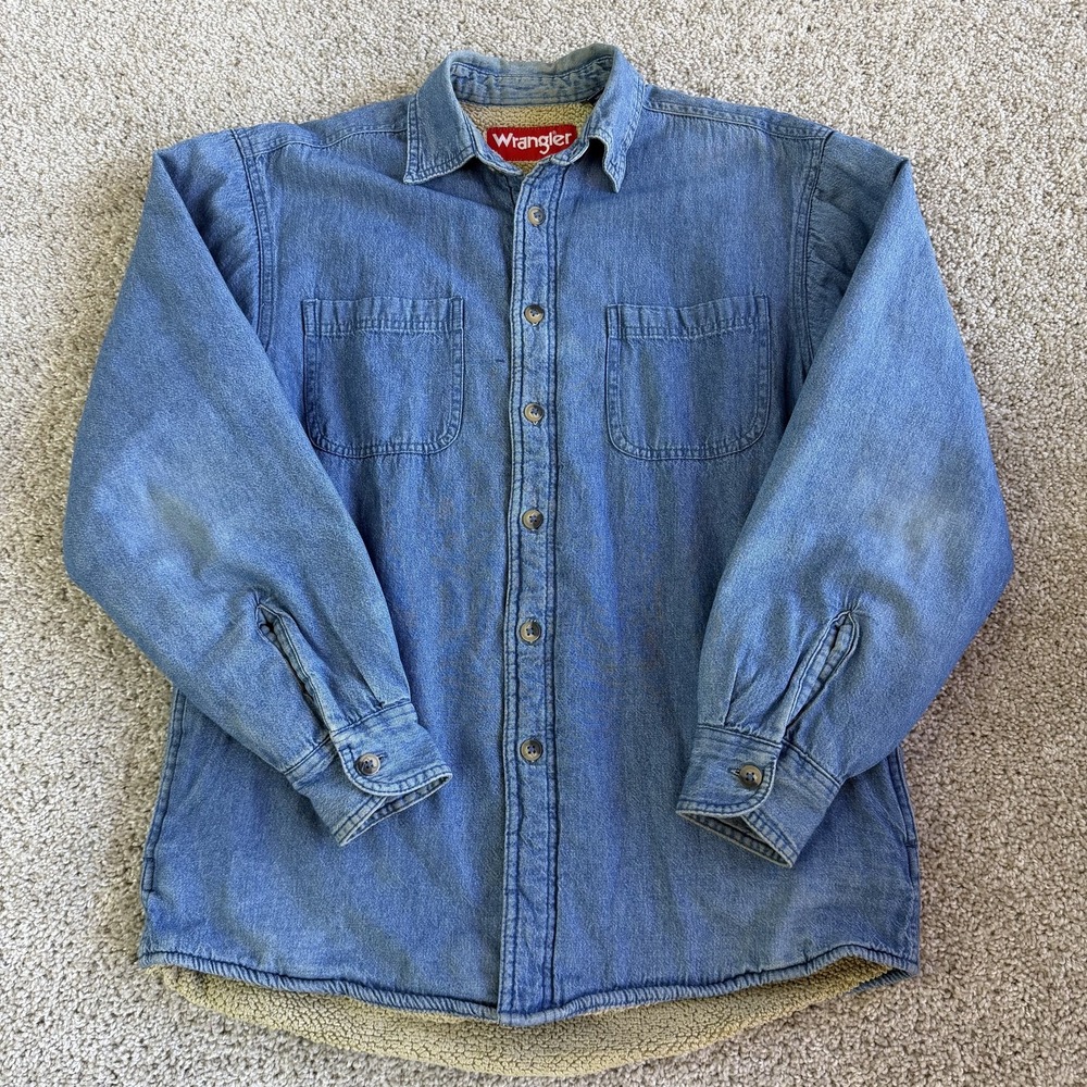 Wrangler Jacket Mens Small Blue Denim Sherpa Lined Western Workwear Warm Shirt